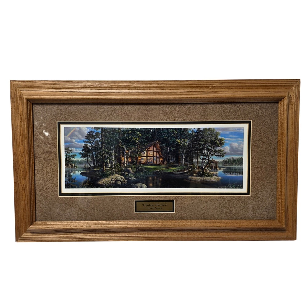 Kim Norlien Freedoms Promise Framed Panoramic Cabin Lake Landscape Art 23x13